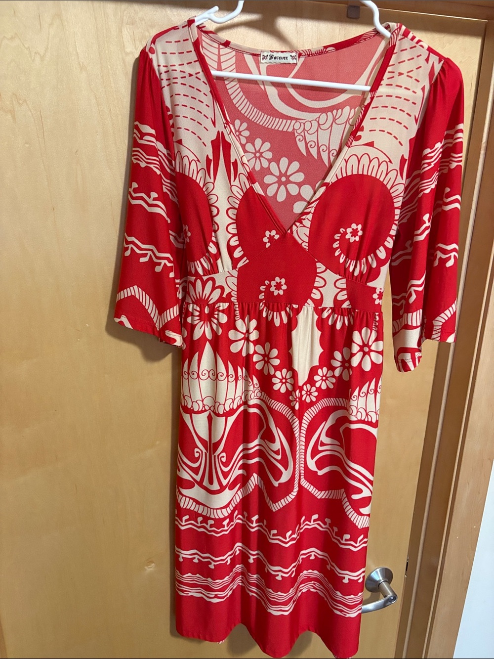 Forever 21 Red and Cream Floral V-Neck Midi Dress